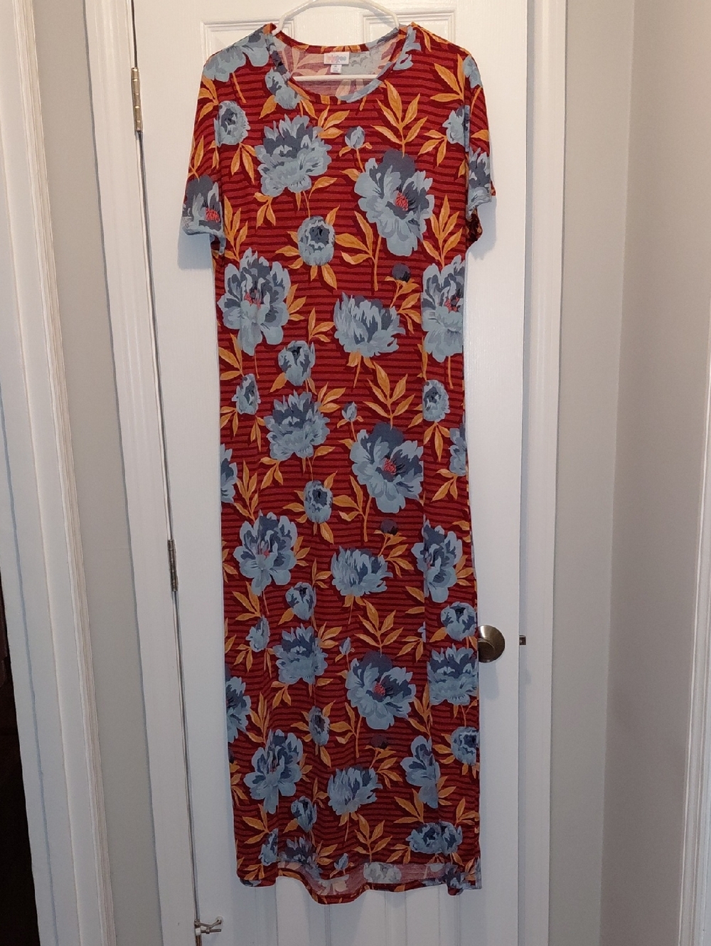 LuLaRoe Rust Maxi Dress with Blue Floral Print and Yellow Leaves